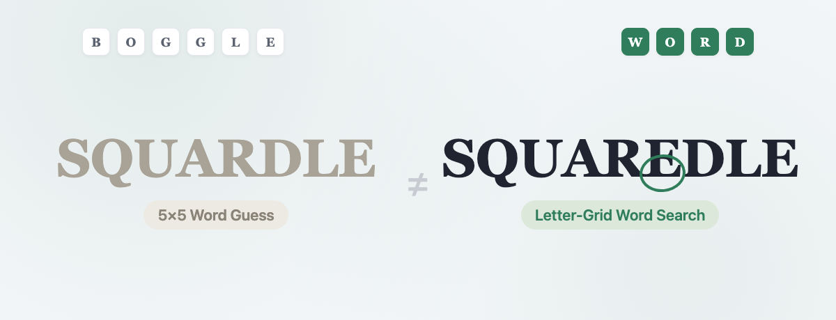 Squardle spelled in muted gray next to Squaredle spelled in bold black with its extra E circled, showing the one-letter difference between the two games